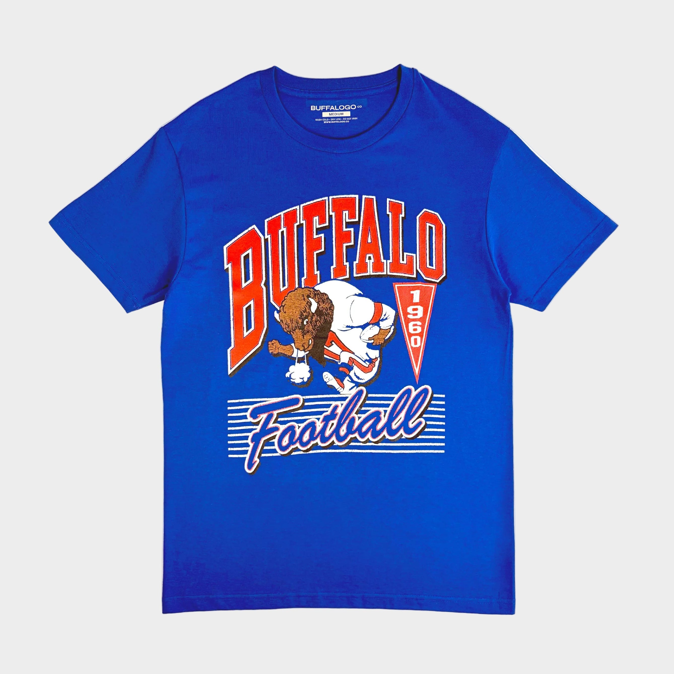 Blue t-shirt with 'Buffalo Football' graphic on a white background