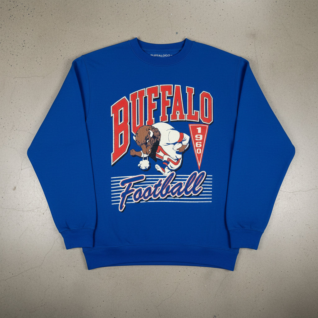 Blue sweatshirt with 'Buffalo Football' graphic on a white background