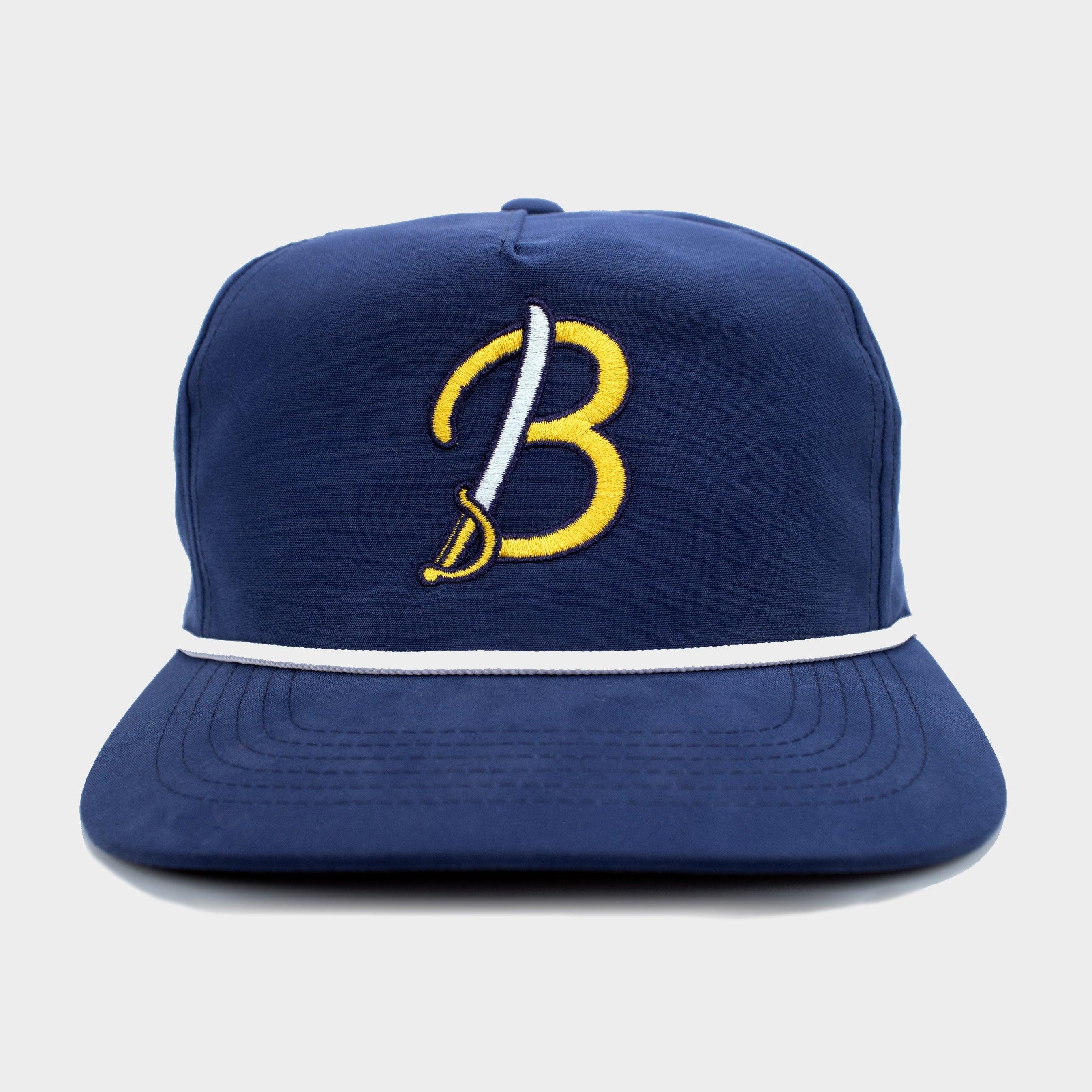 Navy blue cap with yellow logo on a light gray background