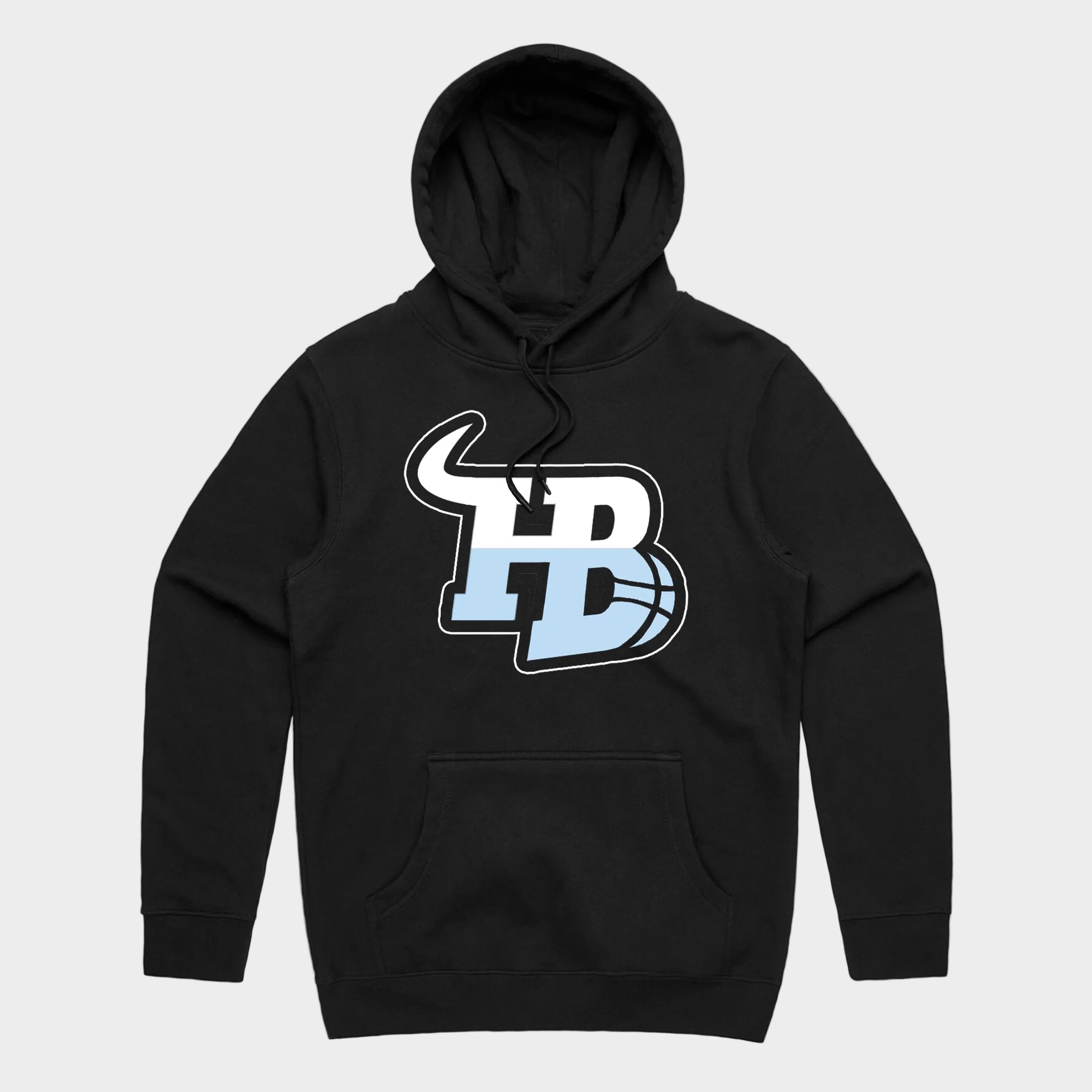 Black hoodie with a logo on a white background