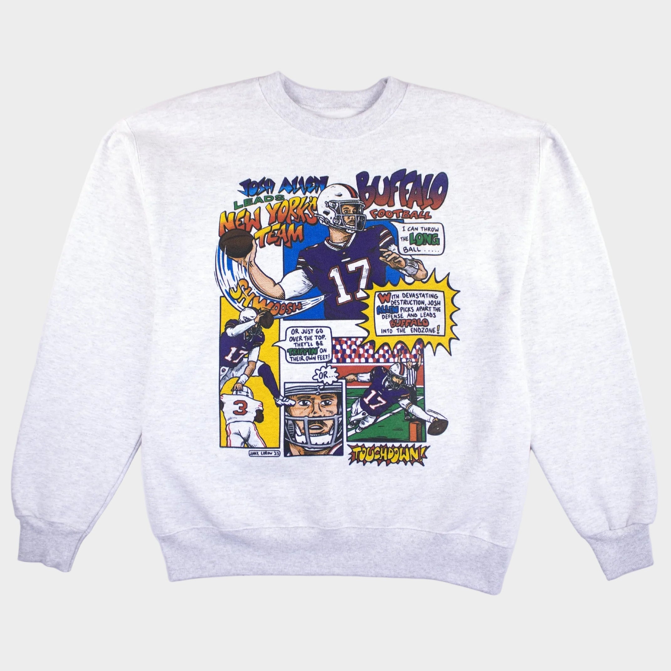 Sweatshirt with comic-style graphics on a white background