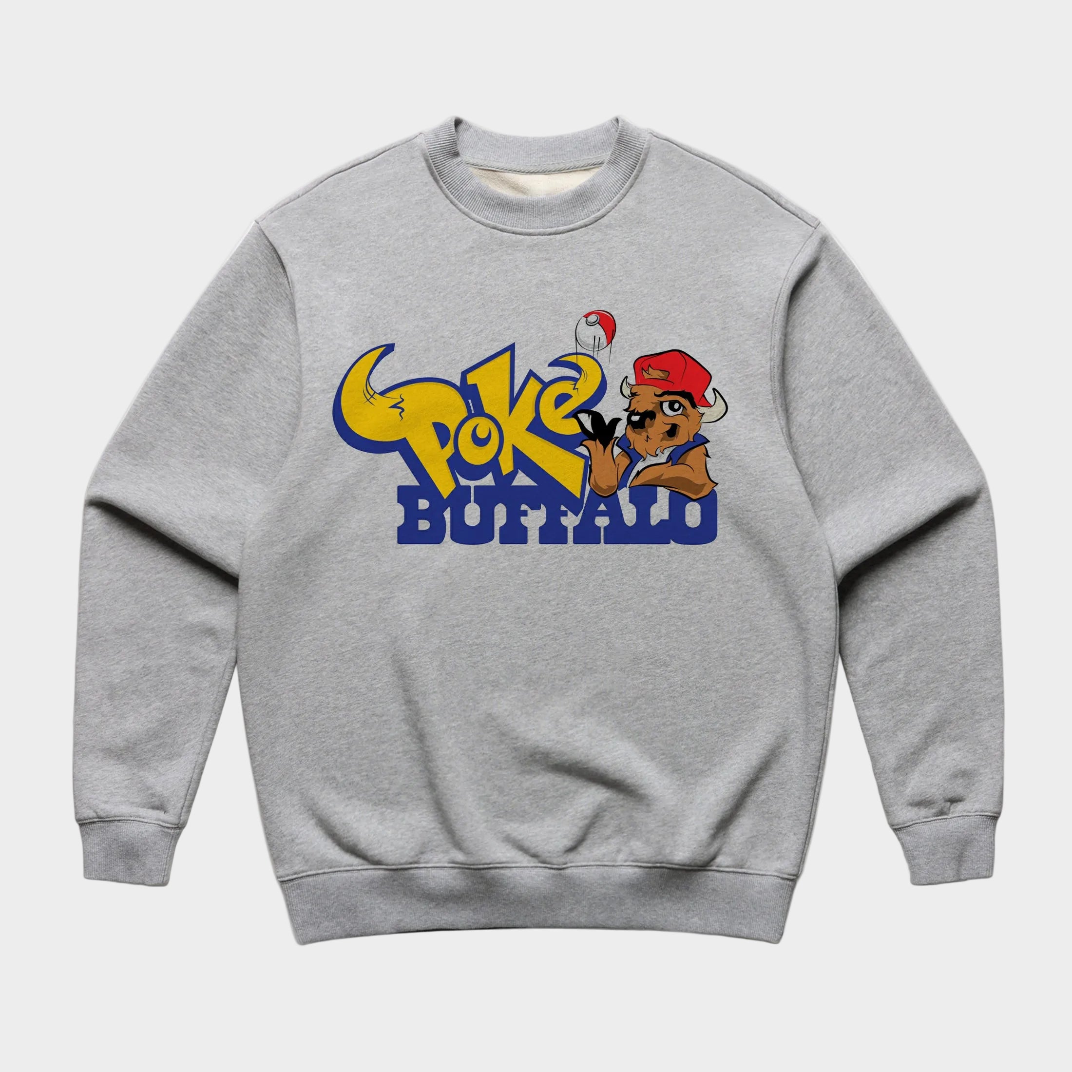 Gray sweatshirt with 'Poke Buffalo' graphic design on a white background