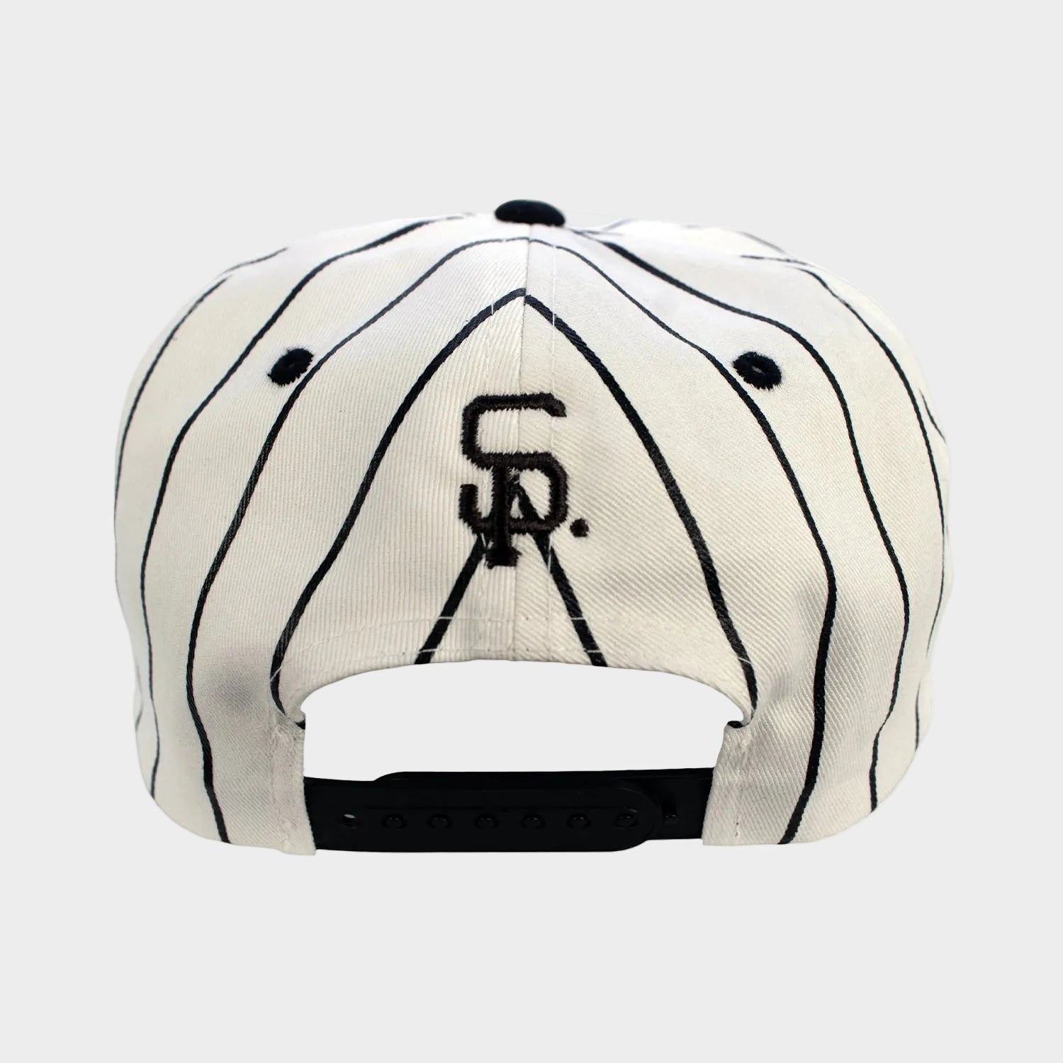 Baseball cap with black pinstripes and logo on a white background