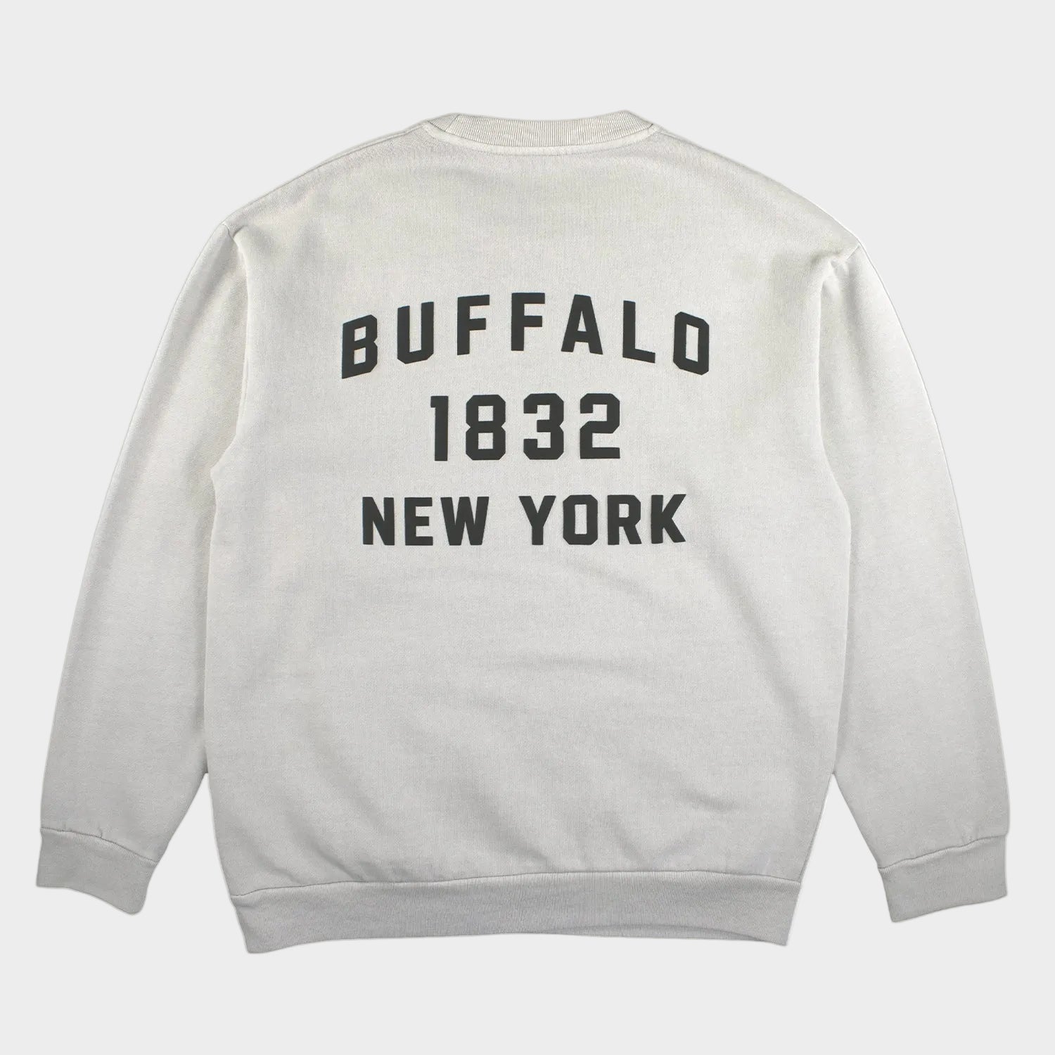 Gray sweatshirt with 'Buffalo 1832 New York' text on the back against a white background