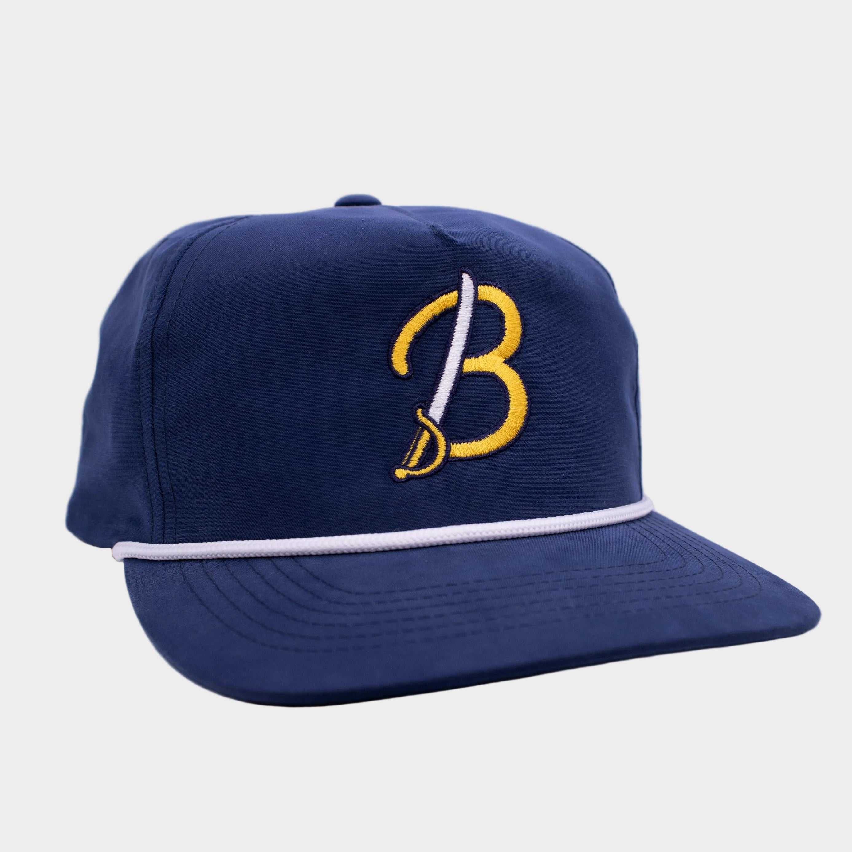 Navy blue cap with yellow logo on a light gray background