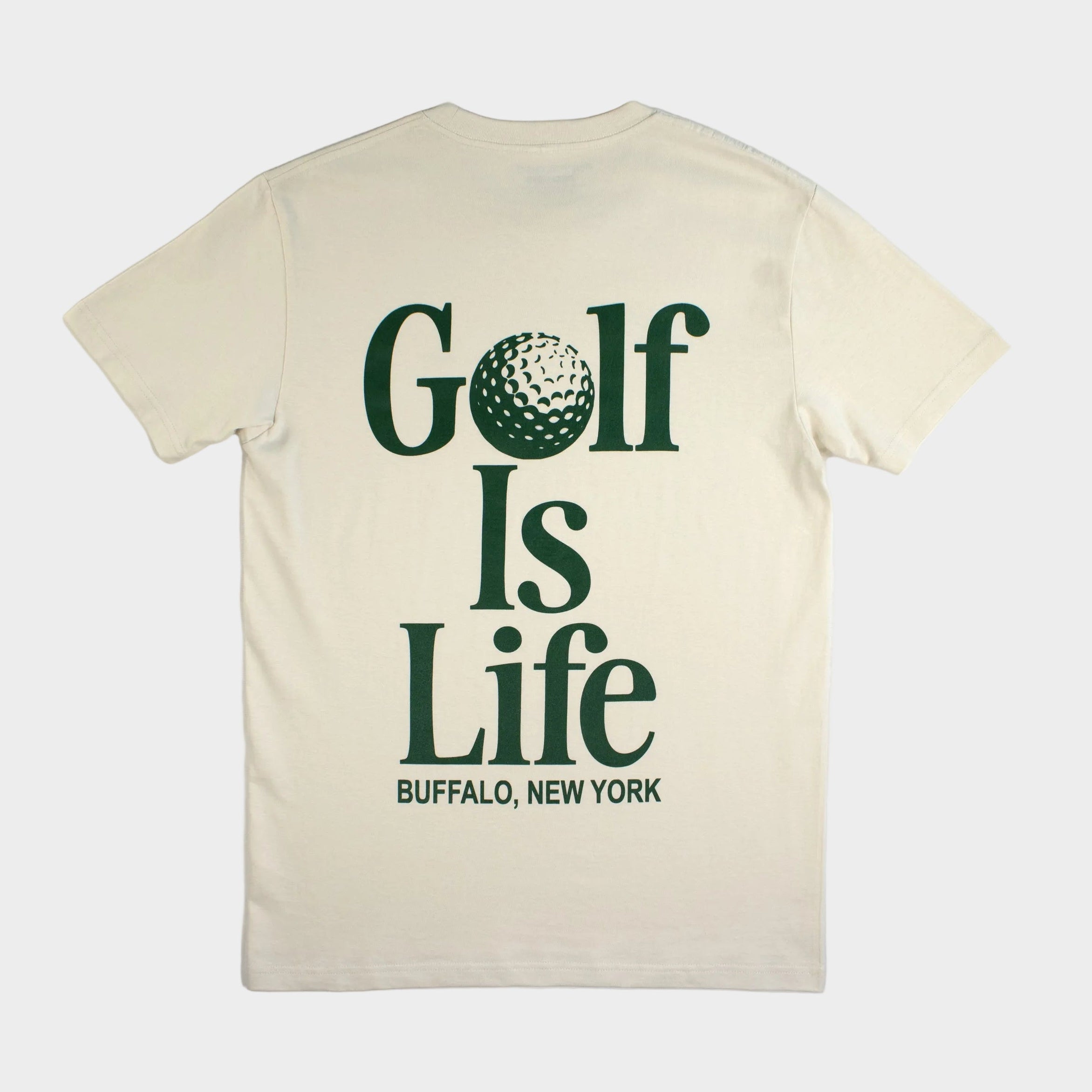 Beige t-shirt with 'Golf Is Life' text and a golf ball graphic on a white background
