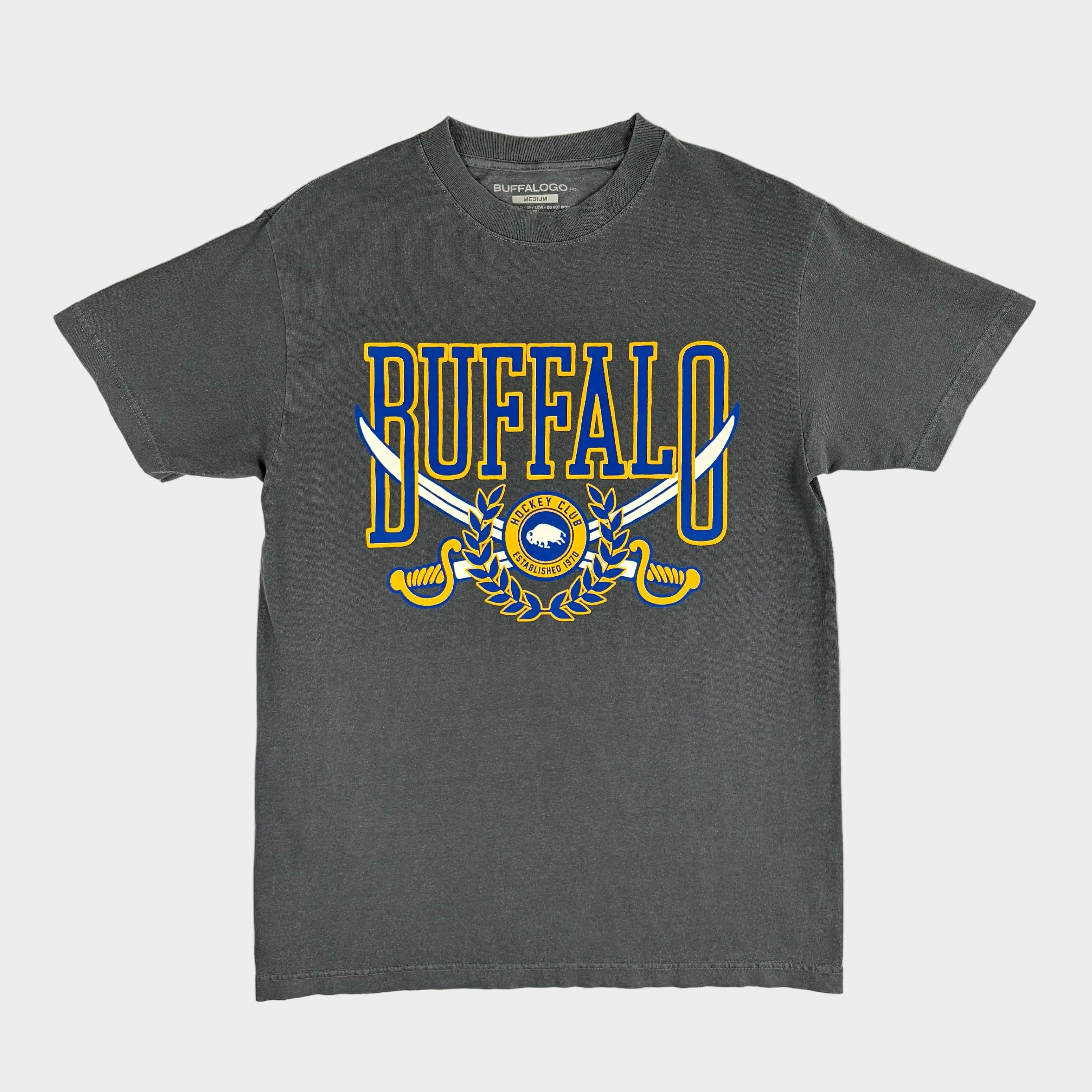 Gray t-shirt with 'BUFFALO' and logo on a white background