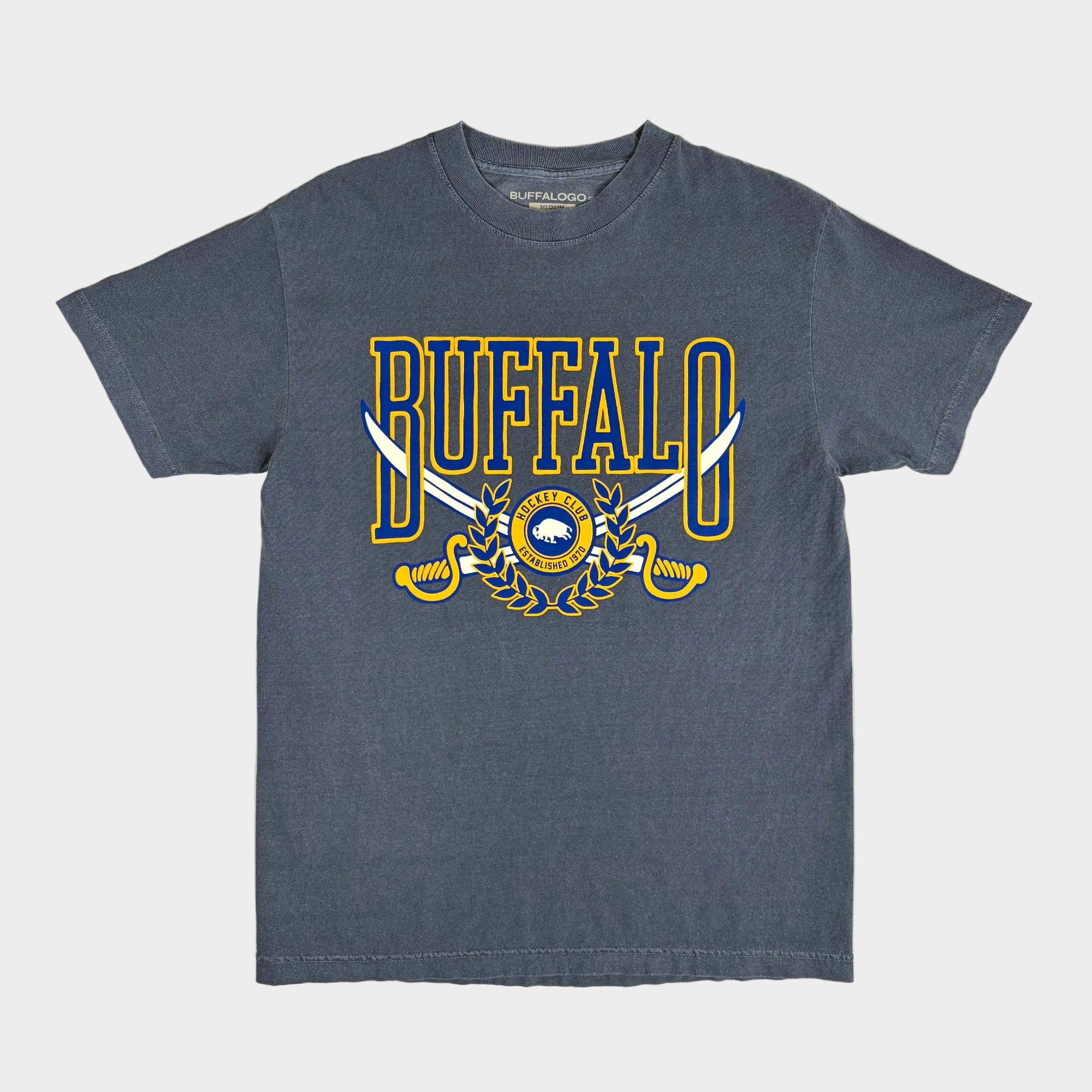 Blue t-shirt with 'Buffalo' text and logo on a light gray background