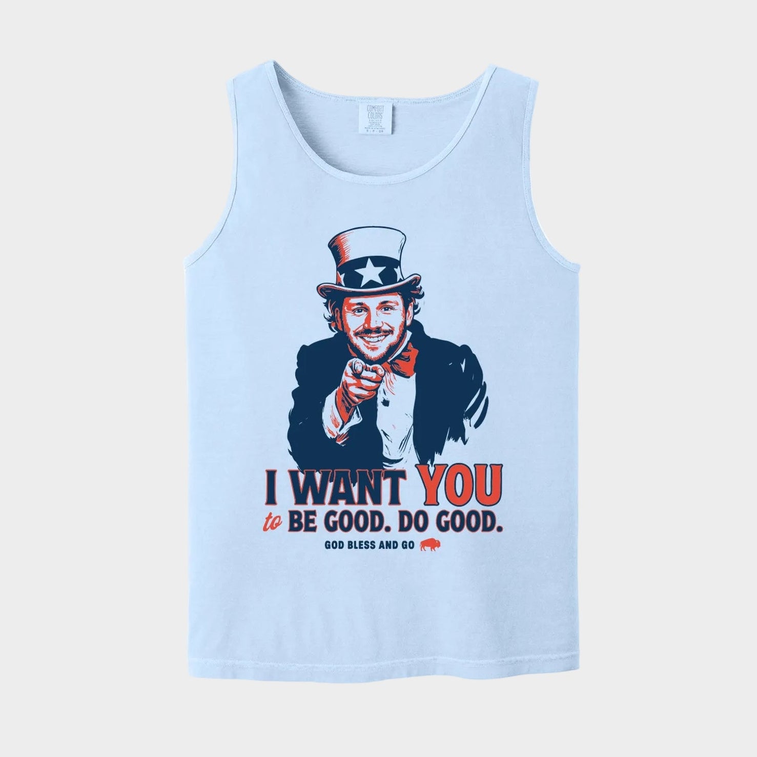 Light blue tank top with Uncle Sam graphic and text on a white background