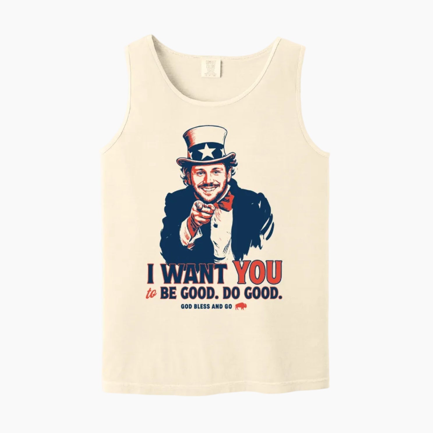 Beige tank top with Uncle Sam graphic and text on a white background