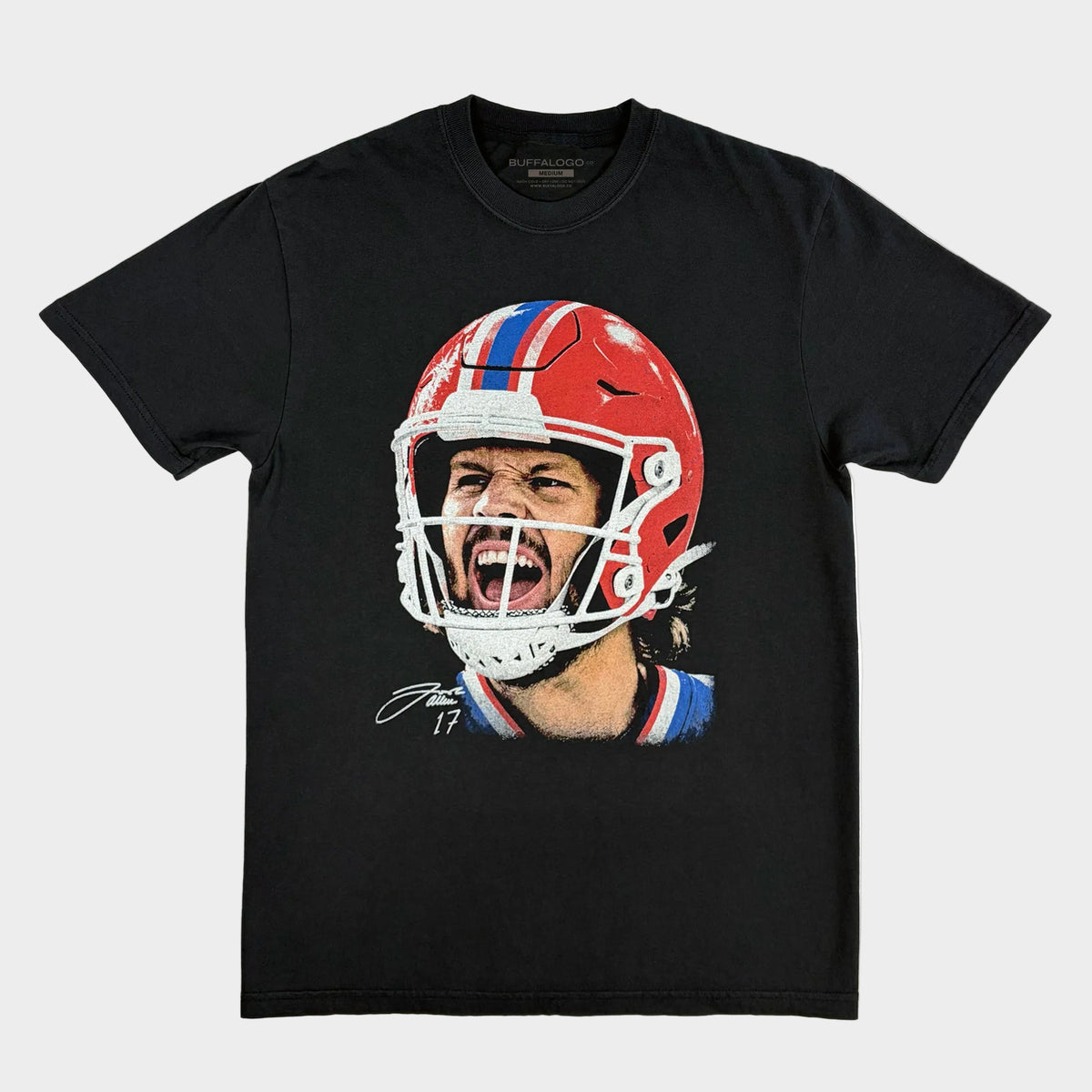 A black short-sleeve t-shirt featuring a graphic print of football player Josh Allen wearing a red, white, and blue helmet, with his signature and number 17 printed below.