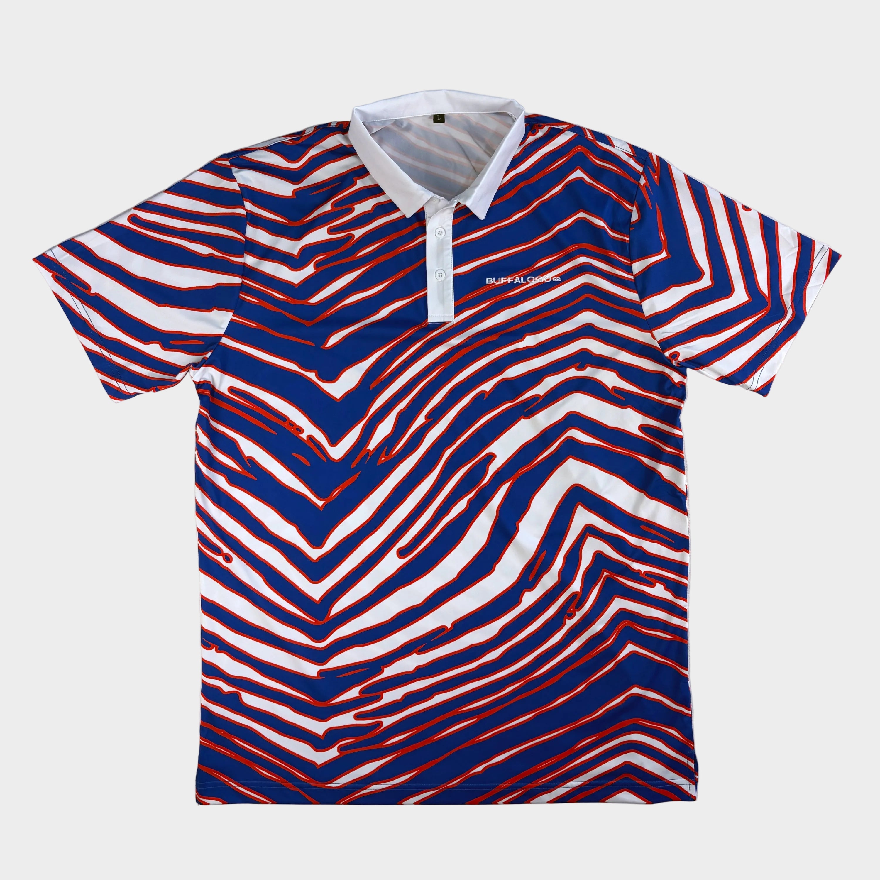 T-shirt with red, white, and blue zebra pattern on a gray background
