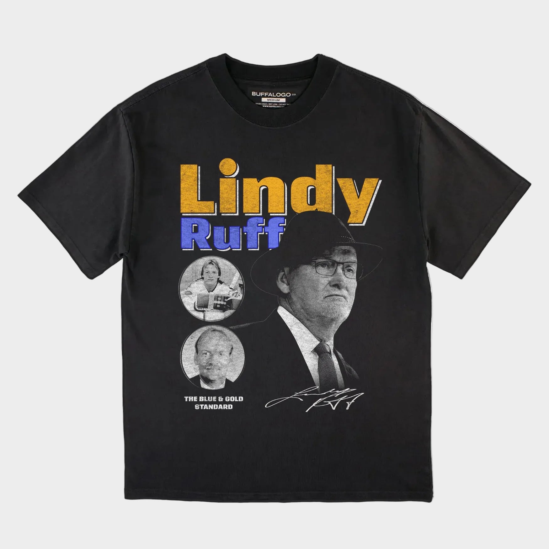 Black t-shirt with 'Lindy Ruff' graphic design on a gray background