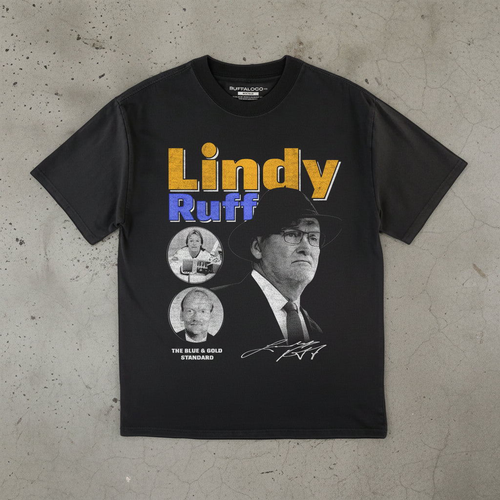 Black t-shirt with 'Lindy Ruff' graphic design on a gray background