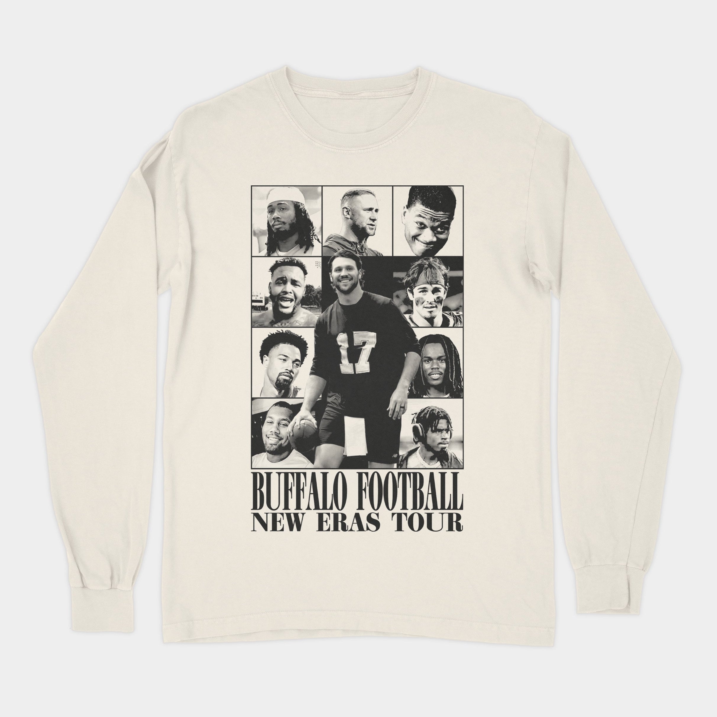 Beige long-sleeve shirt with a graphic of a football player and text on the back against a white background