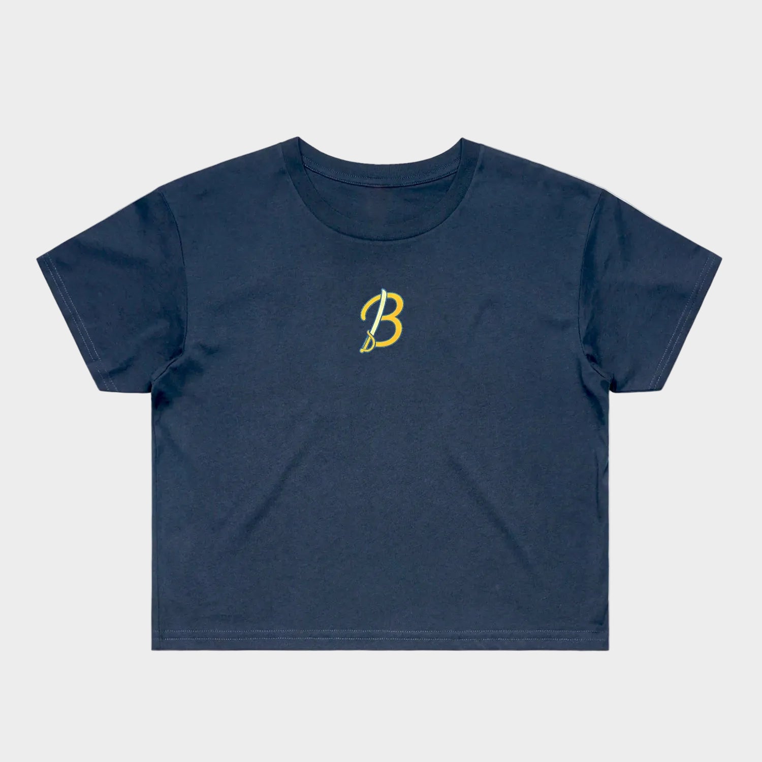 Navy blue t-shirt with a yellow logo on a white background