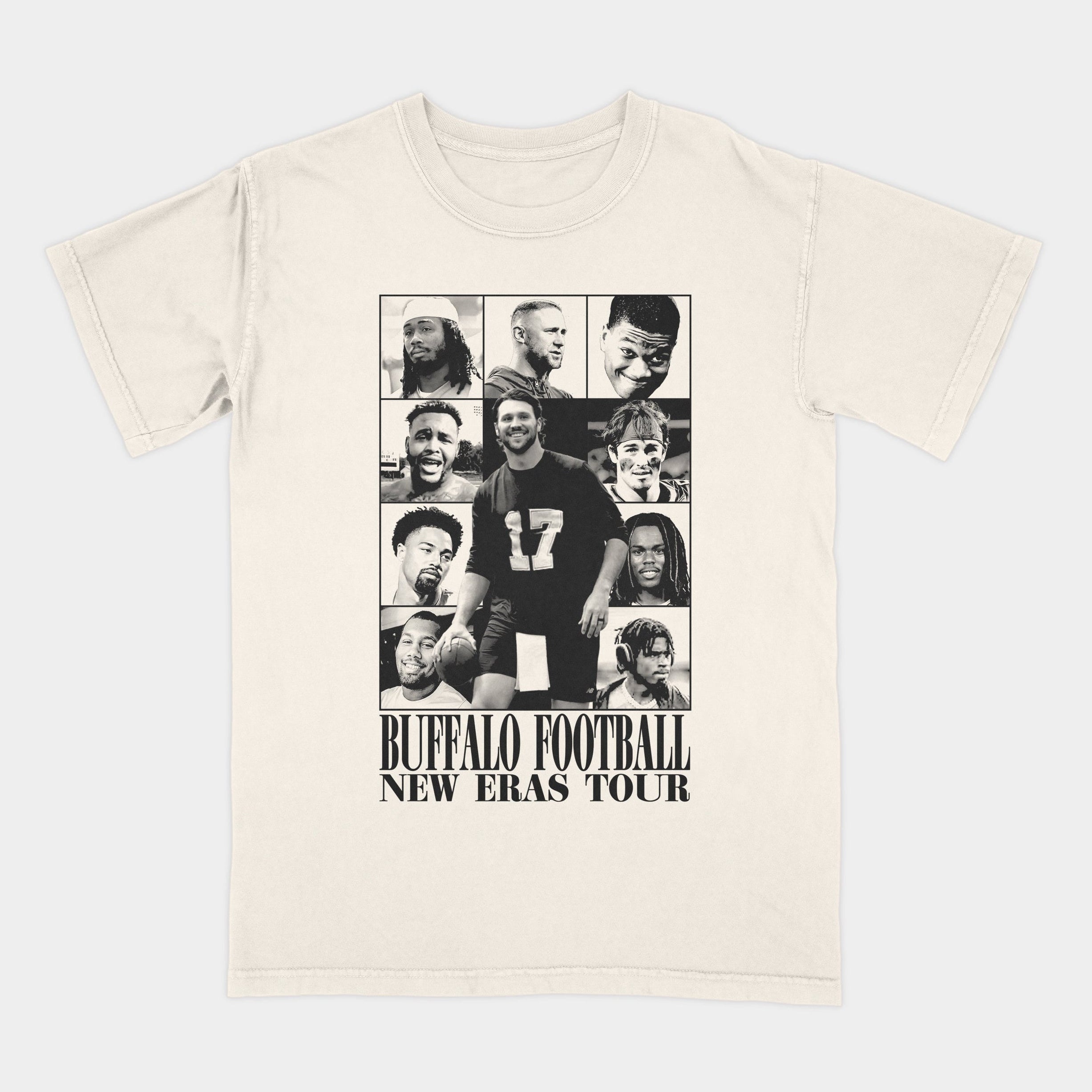 Beige t-shirt with black graphic design and text on a white background