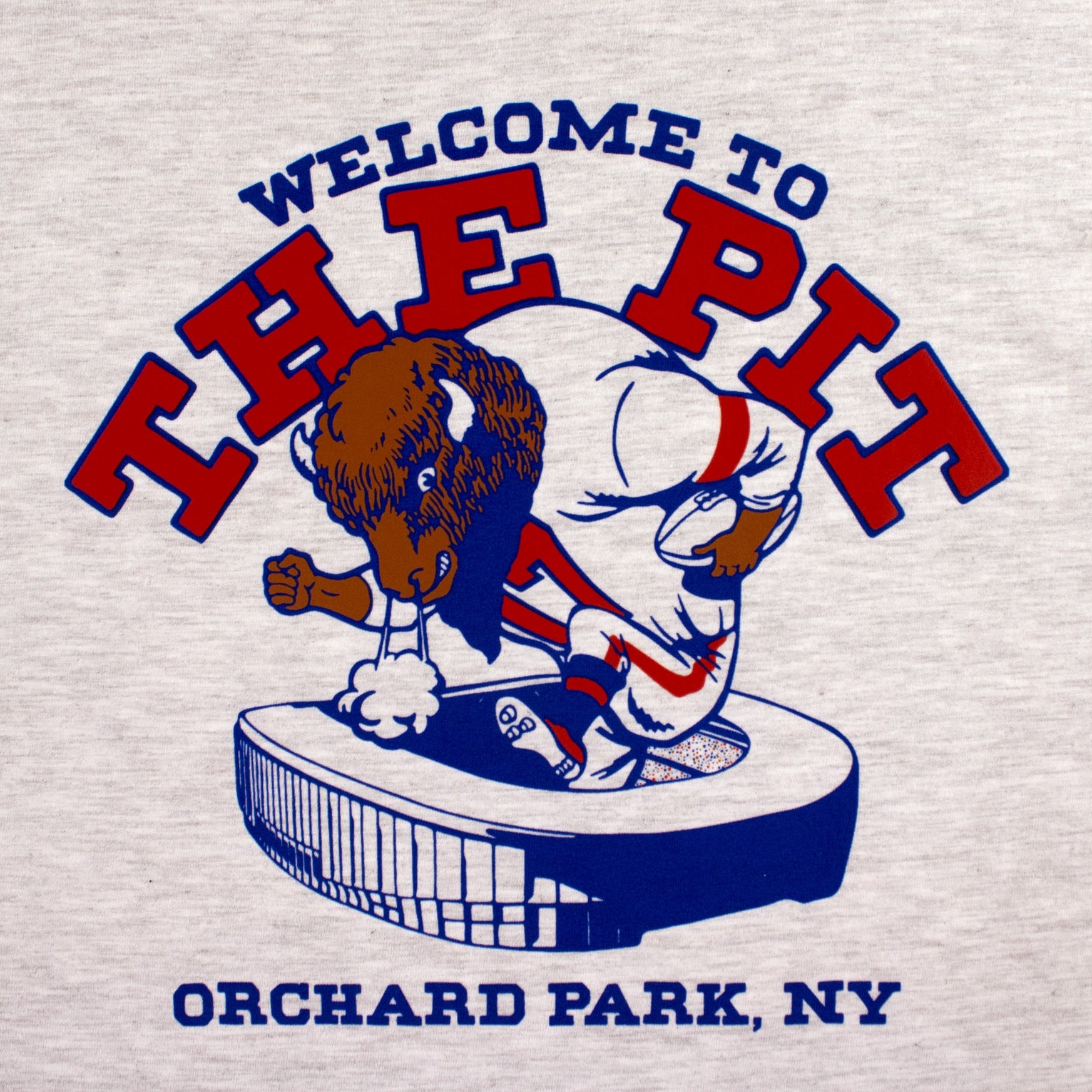 Gray t-shirt with 'Welcome to The Pit, Orchard Park, NY' graphic design.