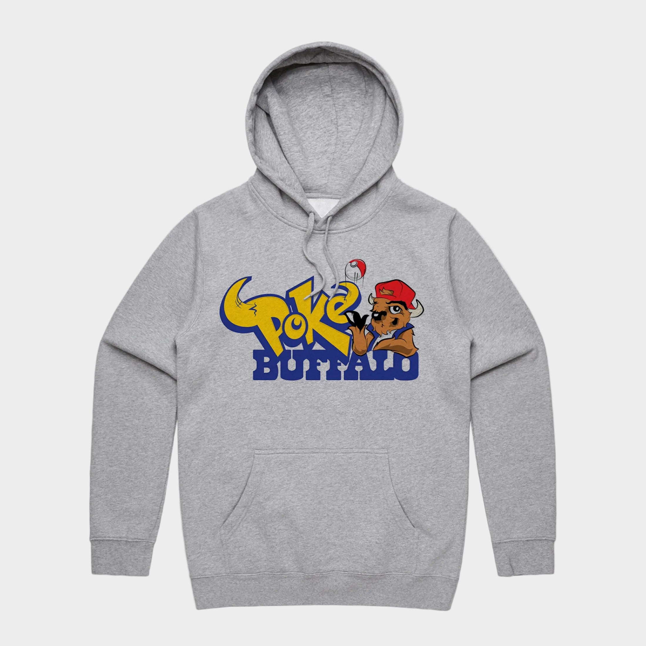 Gray hoodie with 'Poke Buffalo' graphic design on a white background