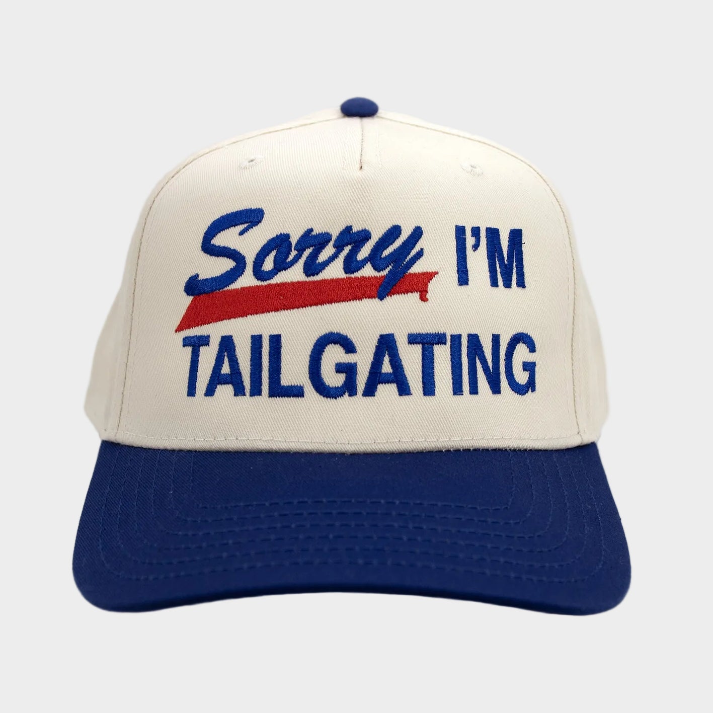 Cap with 'Sorry I'm Tailgating' text on a white background