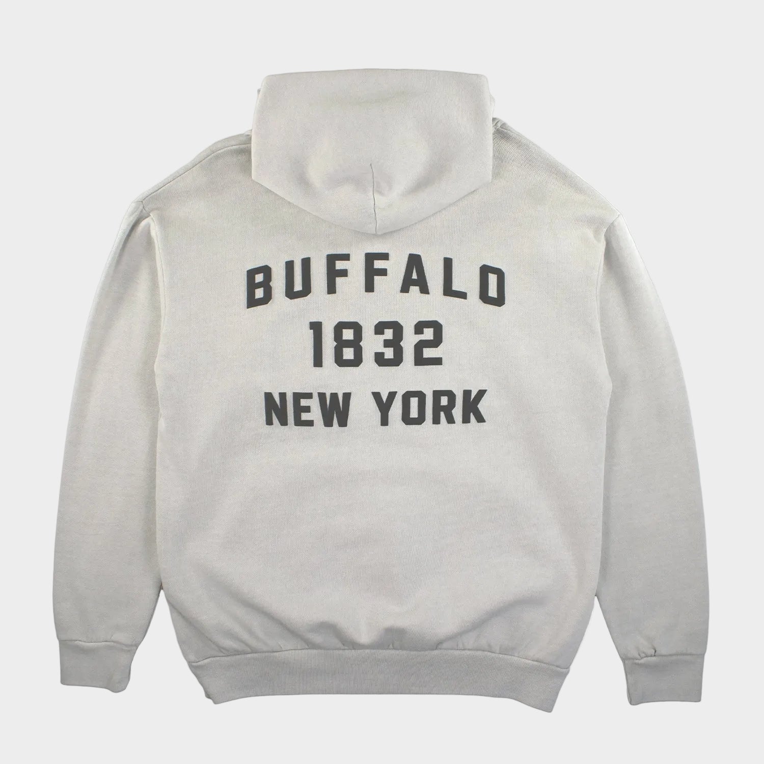 Gray hoodie with 'Buffalo 1832 New York' text on the back against a white background