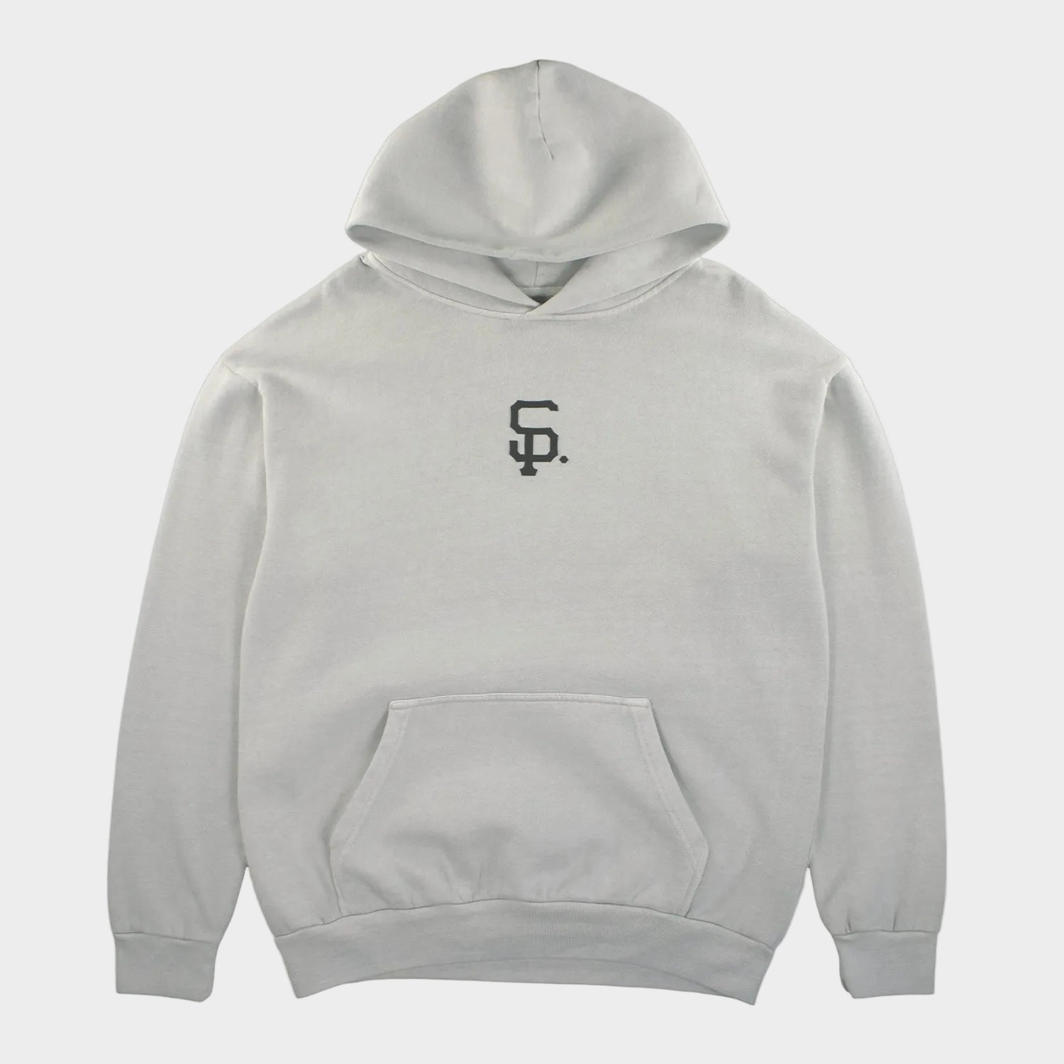 Gray hoodie with a black logo on a white background