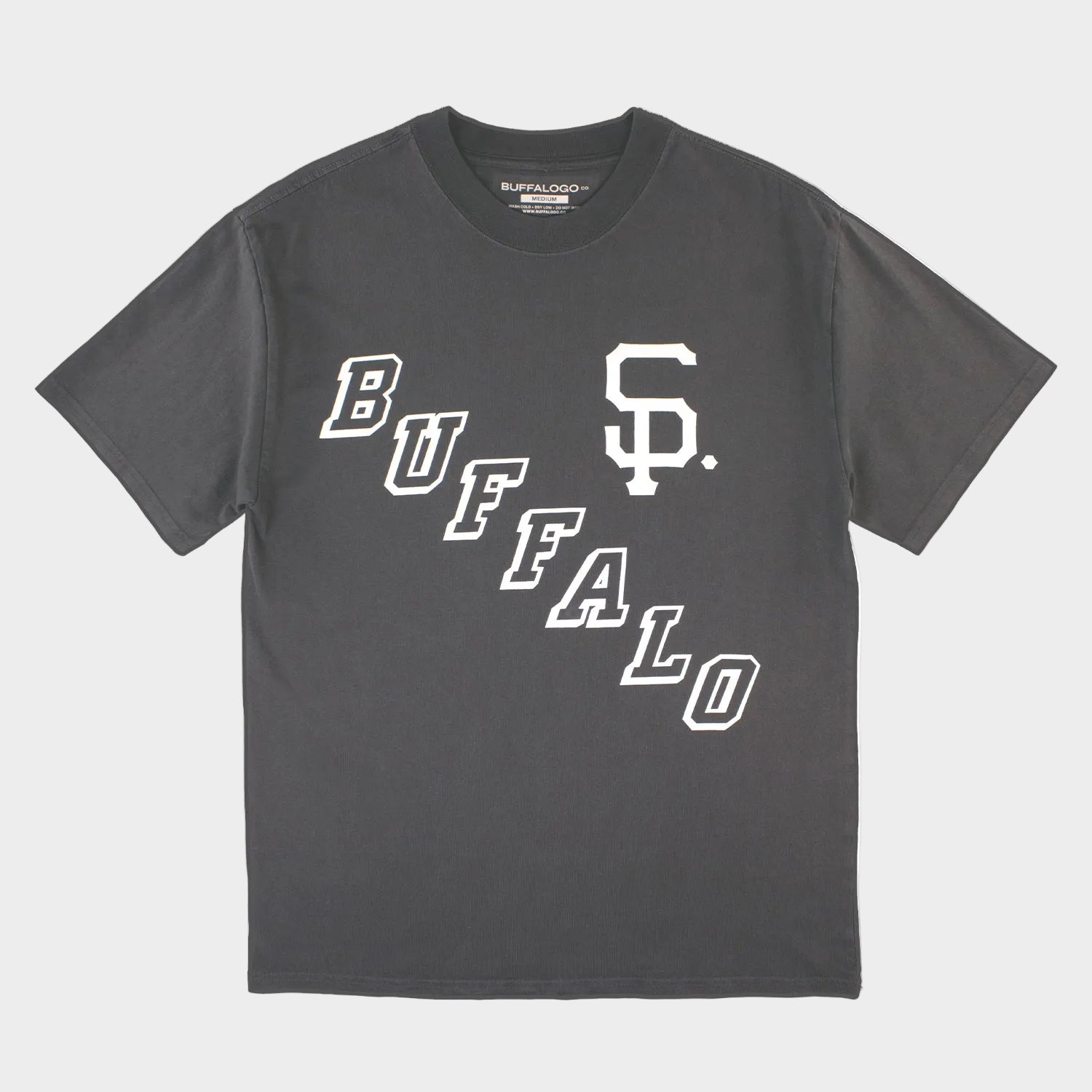 Gray t-shirt with 'BUFFALO' printed on it against a white background
