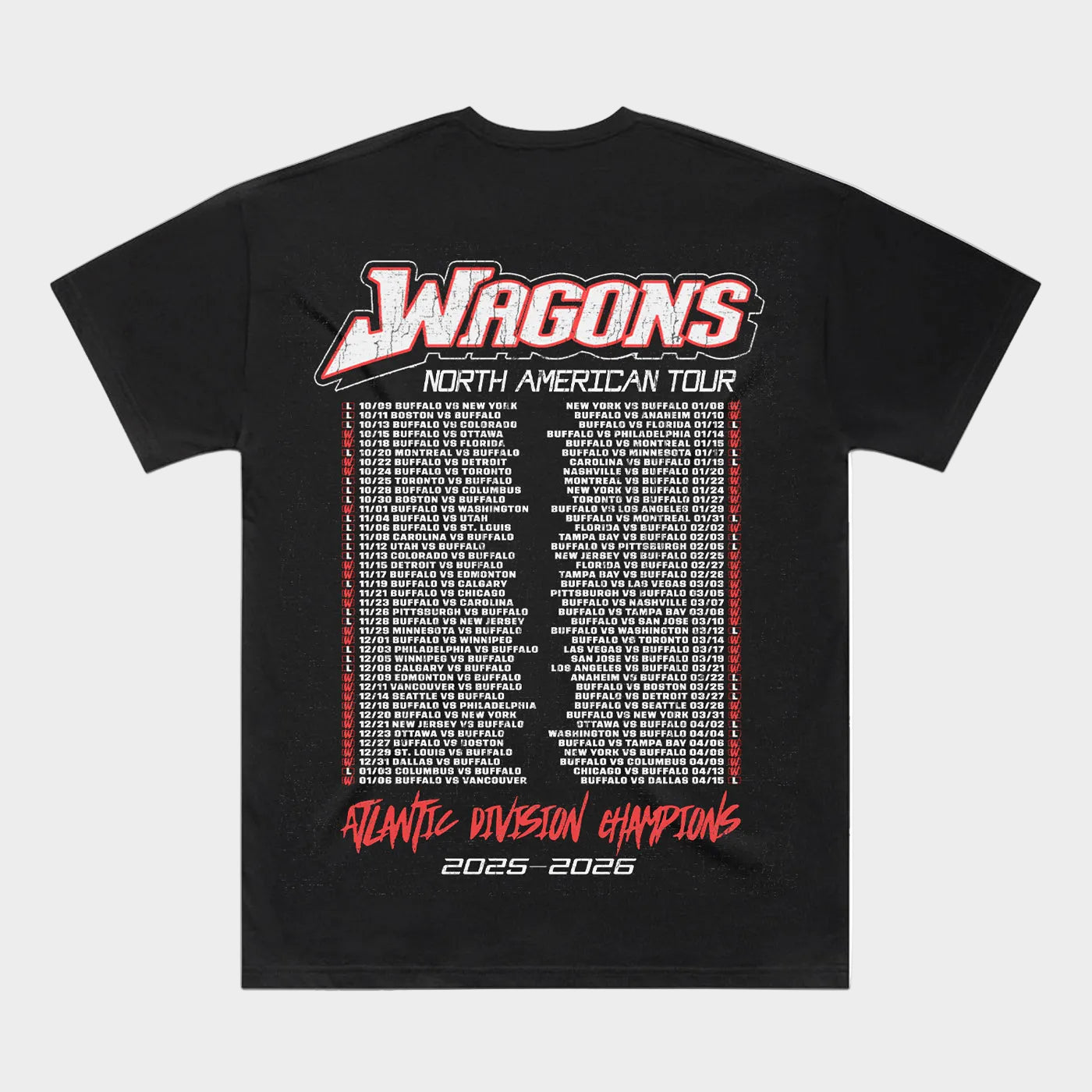 Black t-shirt with 'WAGONS' North American Tour and championship text on a white background