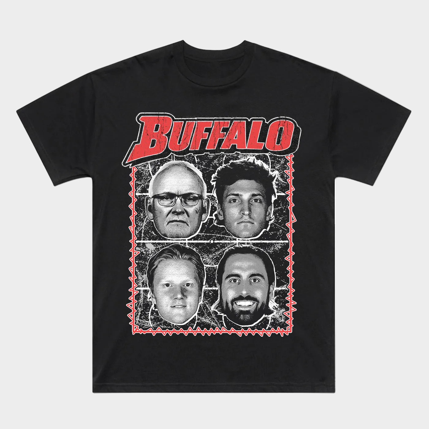 Black t-shirt with 'BUFFALO' graphic and four faces on a white background
