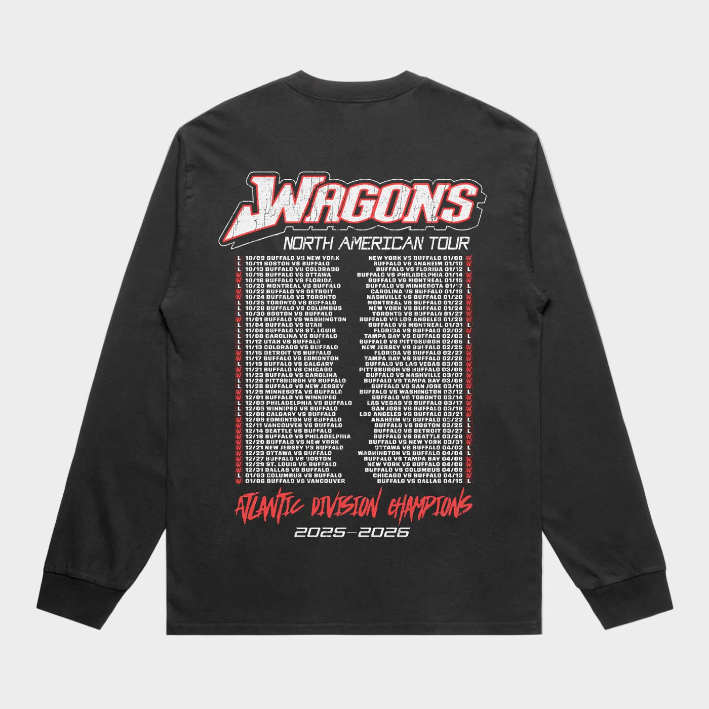 Black long-sleeve shirt with 'WAGONS' and tour information on a white background