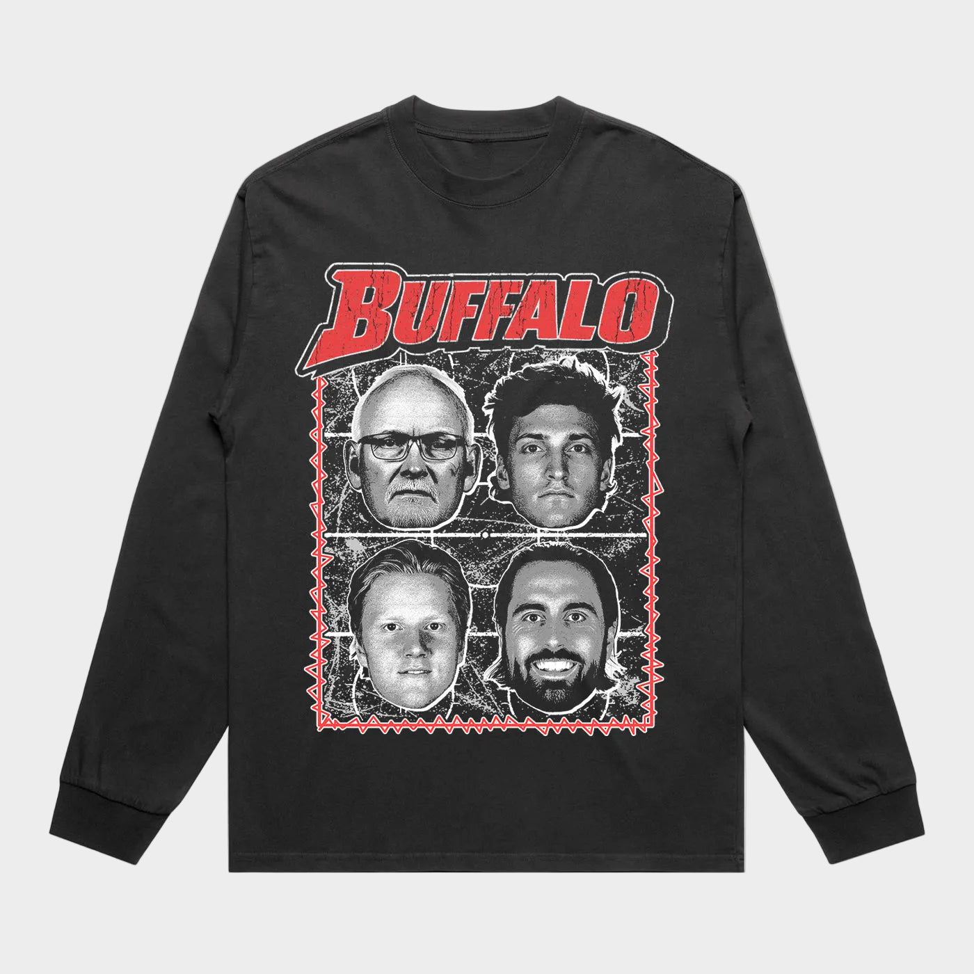 Black long-sleeve shirt with 'Buffalo' graphic and four faces on a white background