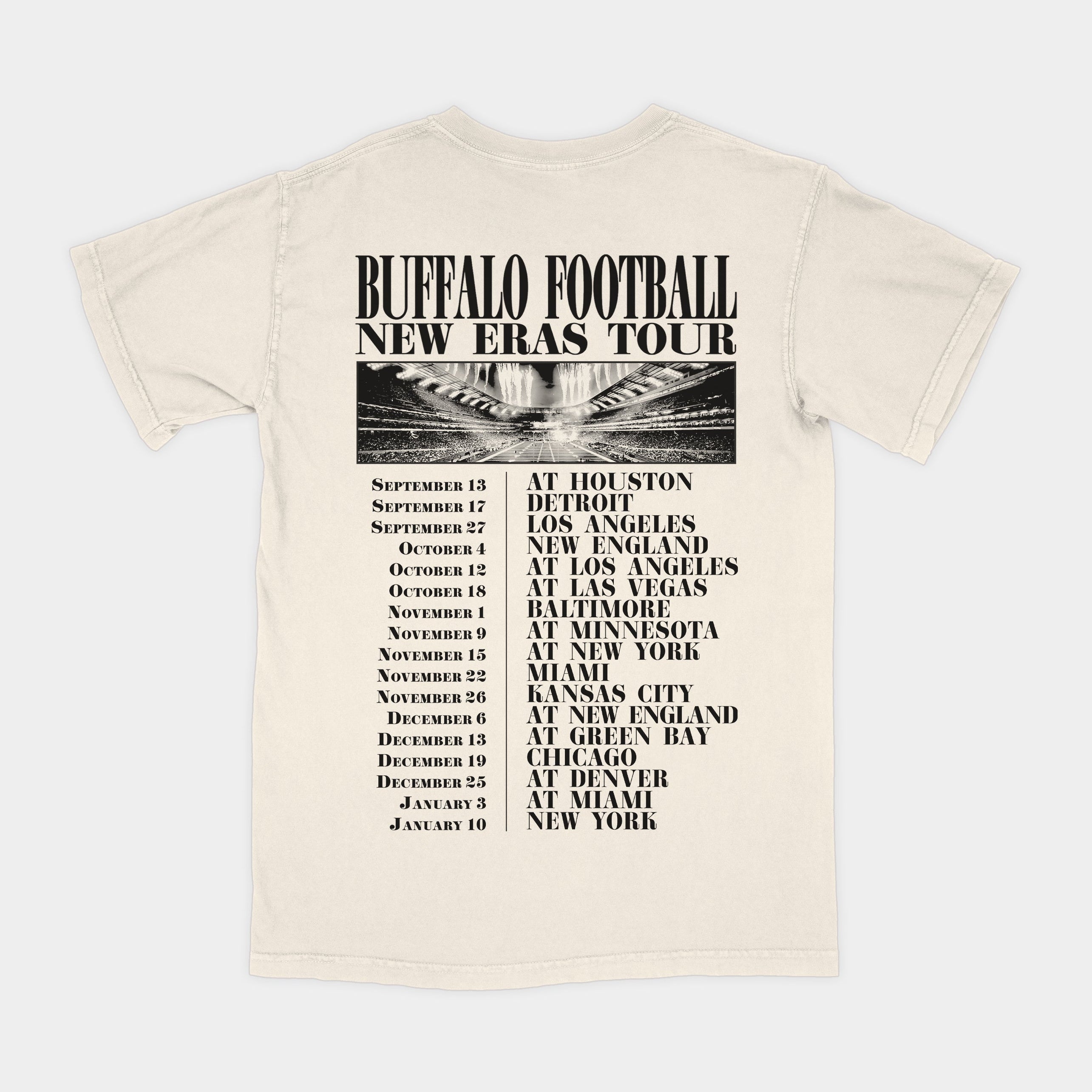 Beige t-shirt with 'Buffalo Football New Eras Tour' text and graphics on a white background
