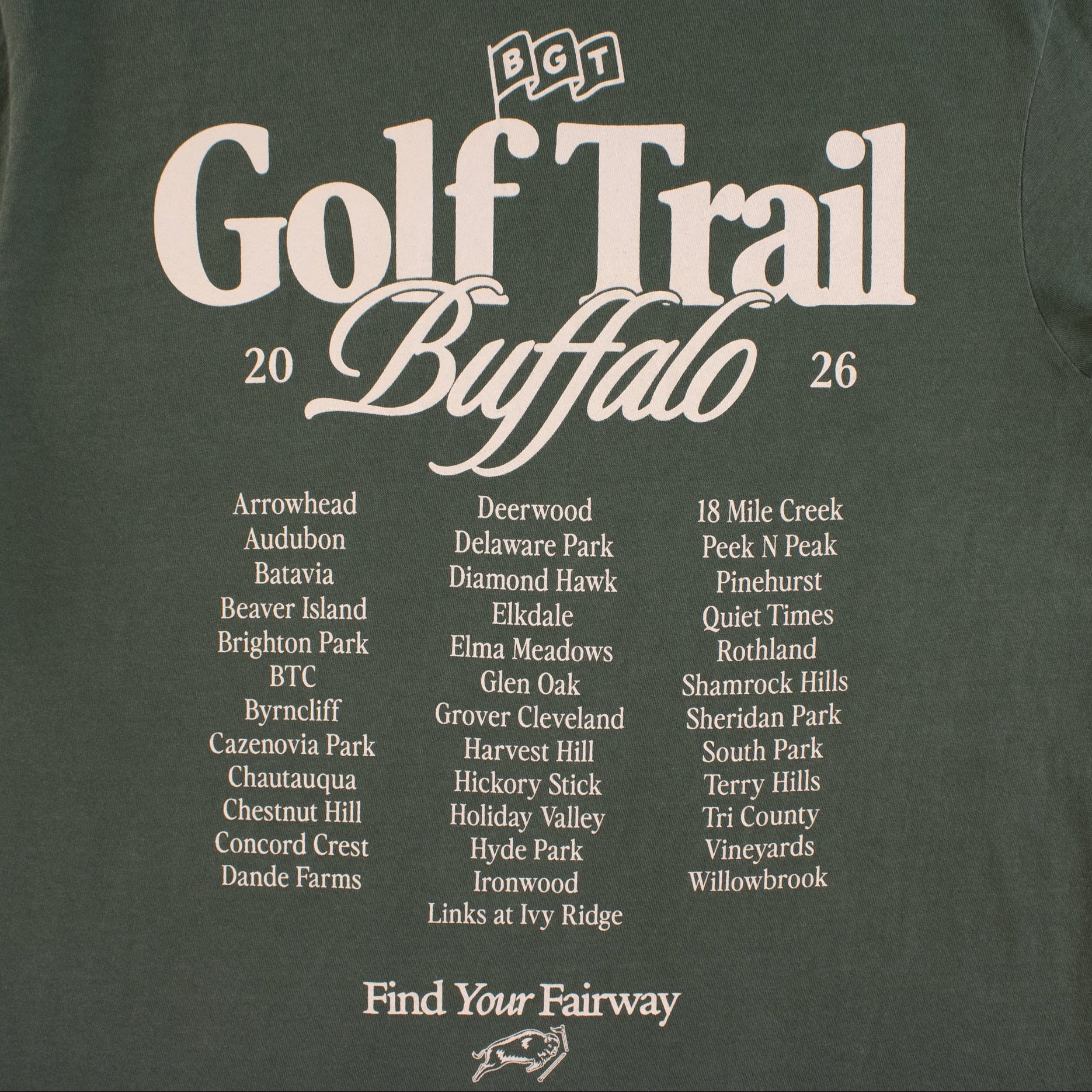 Green t-shirt with 'Golf Trail Buffalo' text and list of locations on a white background