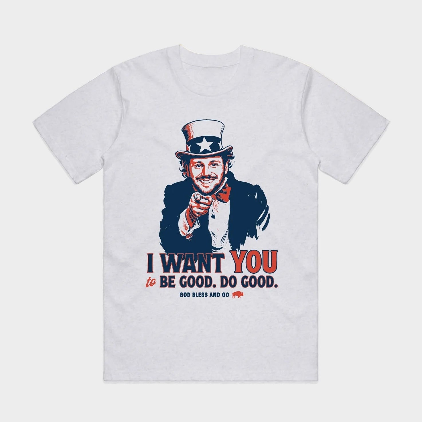 White t-shirt with Uncle Sam graphic and text on a white background