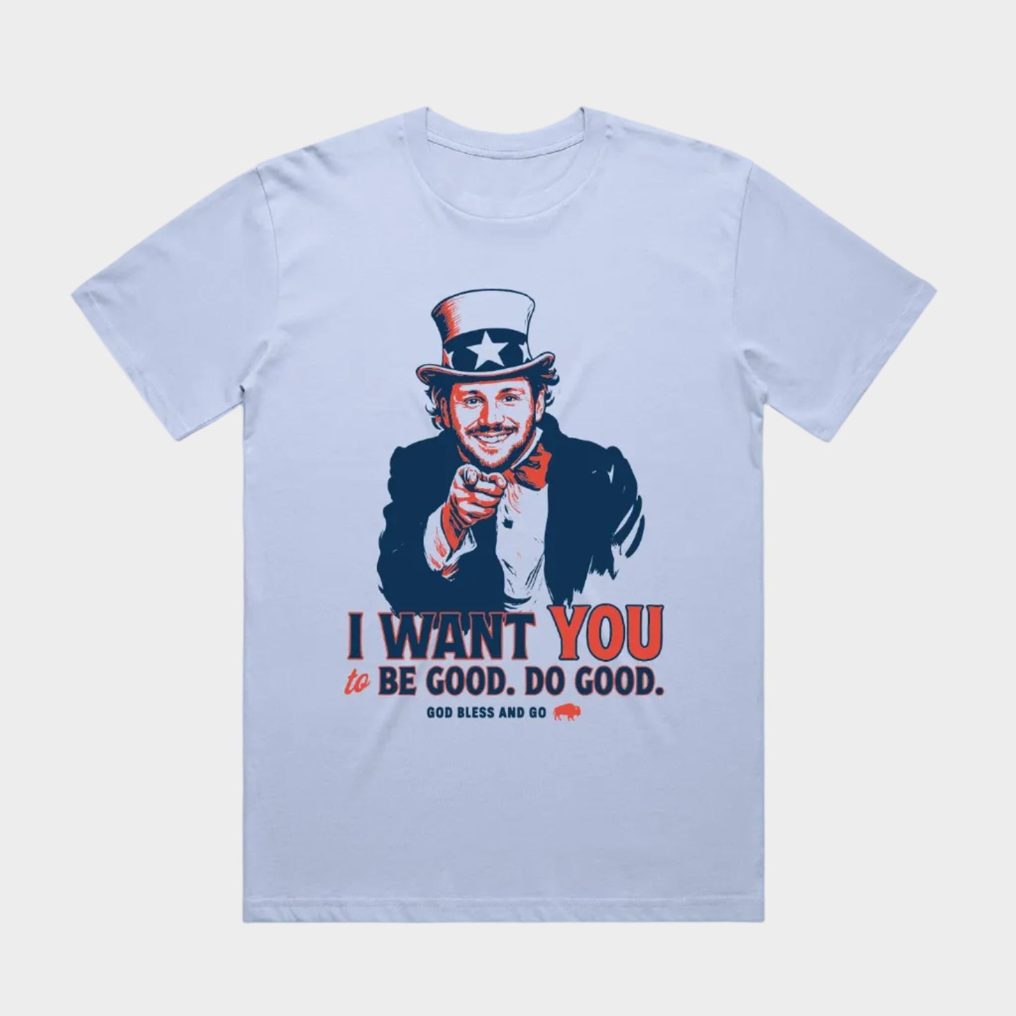 Light blue t-shirt with Uncle Sam graphic and text on a white background