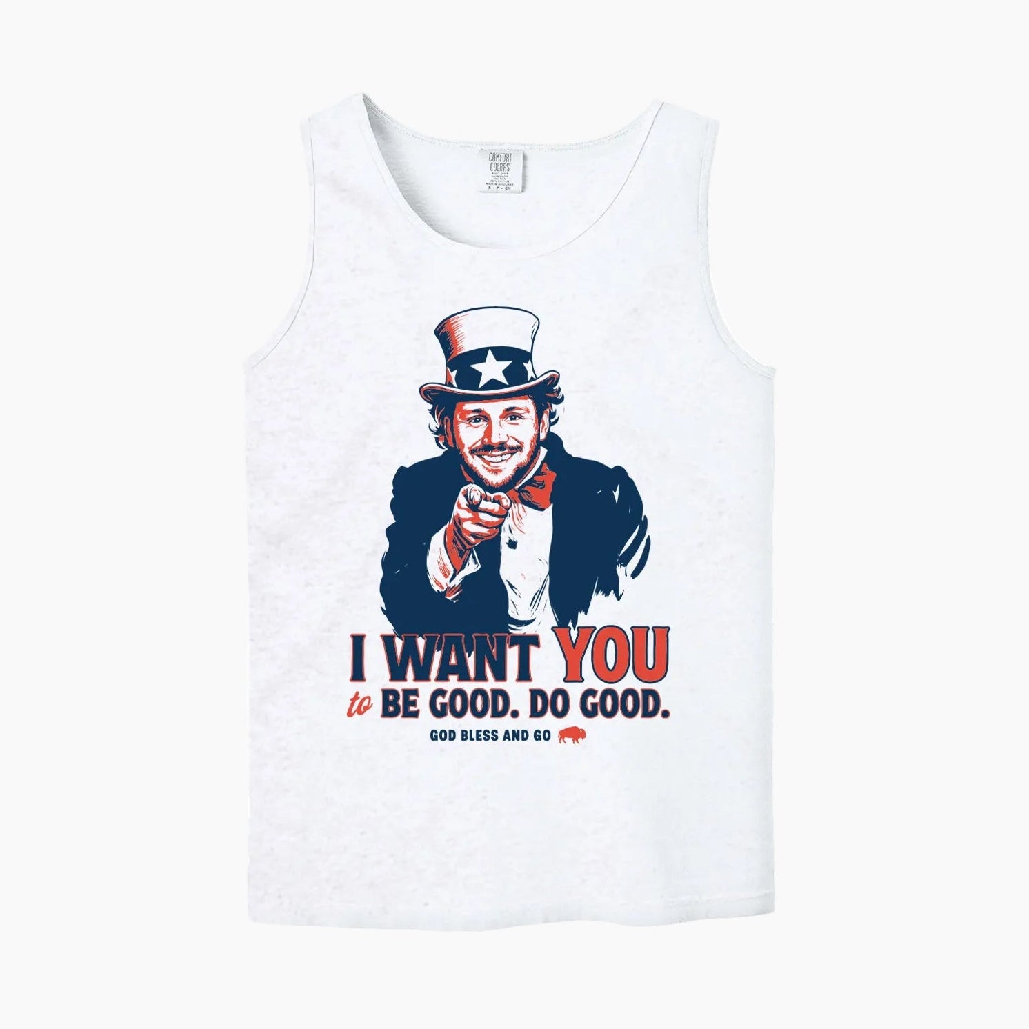 White tank top with graphic design and text on a white background