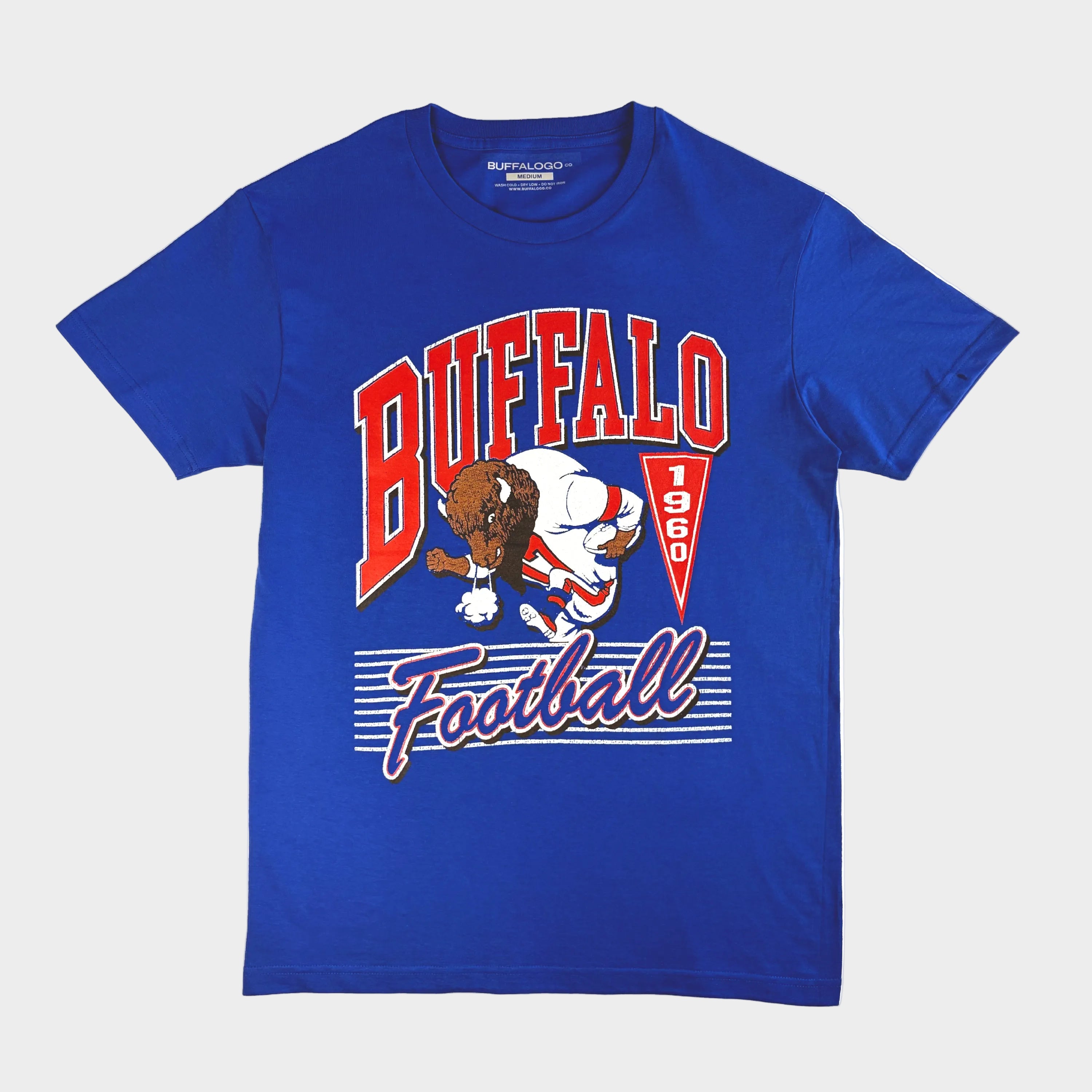 Blue t-shirt with 'Buffalo Football' graphic on a white background